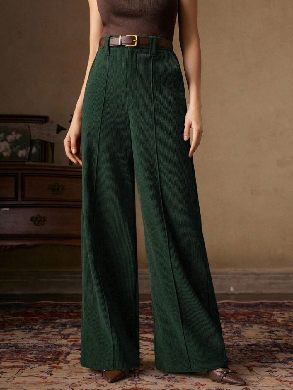 Dark Green Casual Women's Corduroy Trousers with Belt - Picture 6 of 7